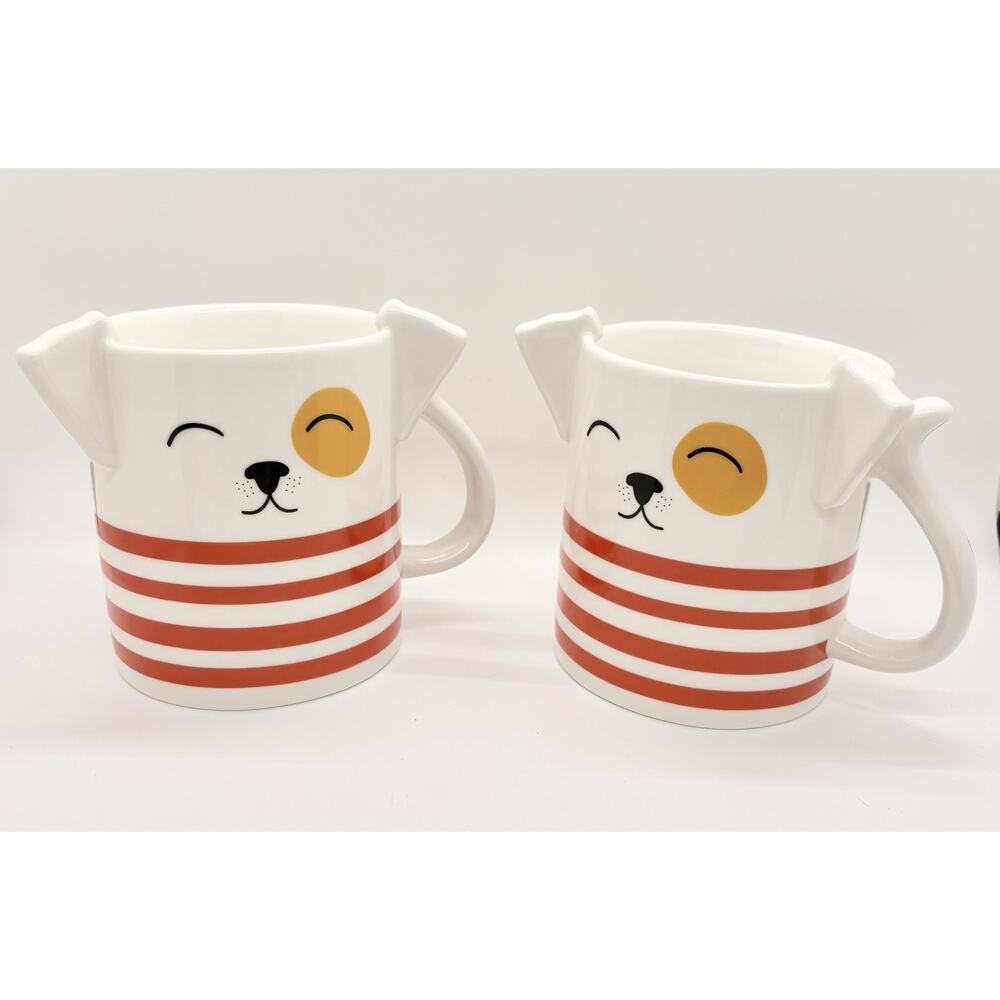 Parker Lane Dog Coffee Cup Mugs Figural Red Stripe With Ears Cute 16oz Look New
